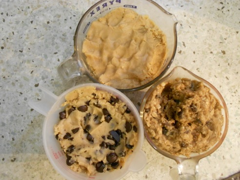 Chocolate chip, peanut butter, and oatmeal raisin cookies I made, following recipes in Josey Baker Breads.