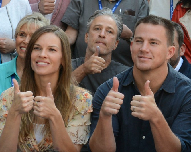 Actress Hilary Swank, director Jon Stewart and actor Channing Tatum. Photo by Vivien Killilea/Getty Images.