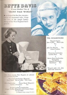 Bette enjoys ham biscuits with her tea in an ad for Bisquick in 1935's "Front Page Woman."