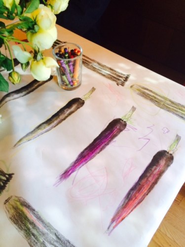 Drawings by Kathleen Henderson on the tables at the Chez Panisse book signing. Henderson did the drawings in Twelve Recipes , along with Peternell's sons Liam, Milo and Henderson.