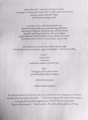 Menu for Borja's 52nd salon dinner, inspired by Peterness' "Twelve Recipes."