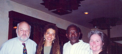Dusan Makavejev, Angela Davis, Ousmane Sembène and Alice Waters at Chez Panisse.