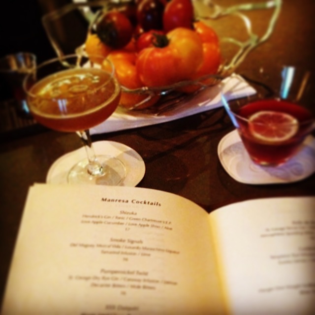 Cocktails at Manresa, Los Gatos. Pre-trunk show in Saratoga.