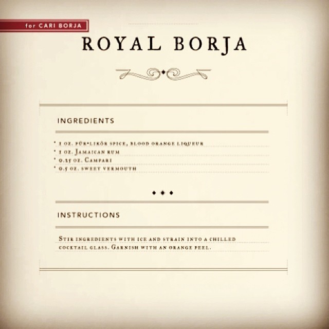 Royal Borja cocktail, for pür spirits book, created by Tamara Costa.