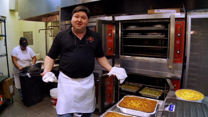 Ziggy Gruber making kugle in a scene from Deli Man . Credit: Cohen Media Group.