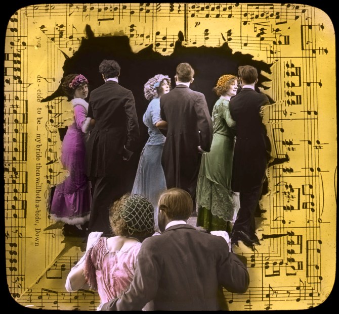 Slides from the illustrated song “At the Ragtime Ball”