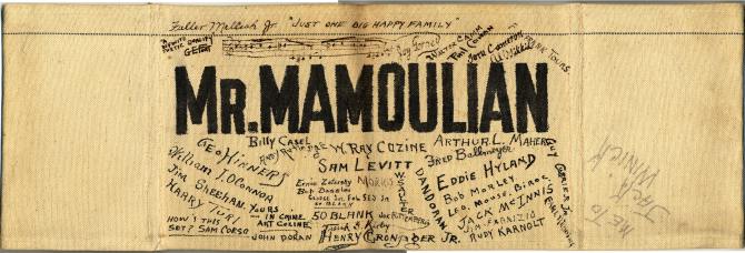 The autographed back of Rouben Mamoulian's director's chair from 1929's Applause . Credit: Library of Congress/Rouben Mamoulian Papers.