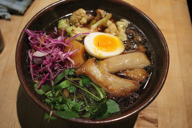 Veggie shoyu, meyer lemon, ramen with salt-cured egg, shiitake and king oyster mushrooms, kabocha nimono, roasted cauliflower, purple cabbage, and watercress. Credit: Rachel Khong, Lucky Peach.