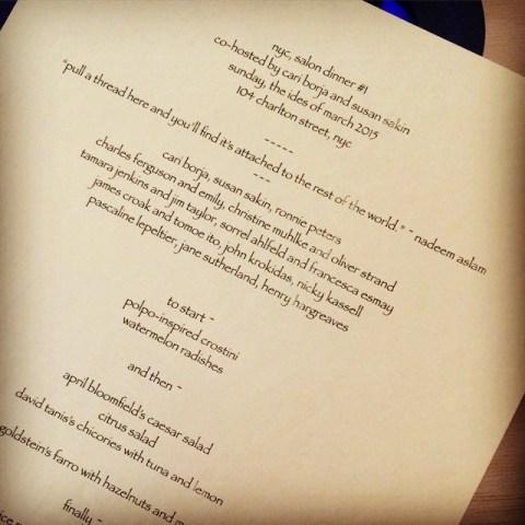 Our menu, our guests. Salon Dinner #1, NYC. March 15, 2015.