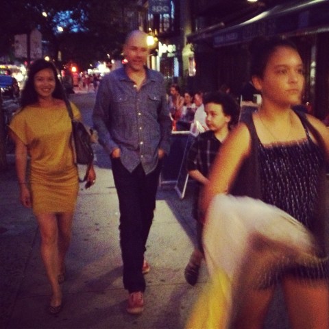 Kim Dang with Lloyd, August, and Royal leading the way. East Village, 2013.