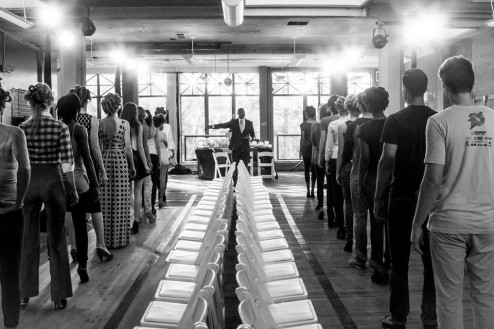 Choreographer Charleston Pierce with our models, Suit Up, 2013. Photo by Kelly Puleio.