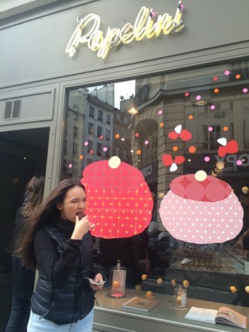 Royal in front of one of the collect dessert places in the Marais—Popelini.
