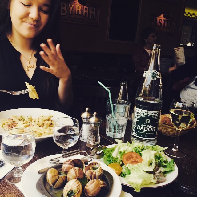 Royal and I, with escargots, on Rue Vieille du Temple. I've had them a dozen times, but eating them in their shell with her for the first time was bliss.