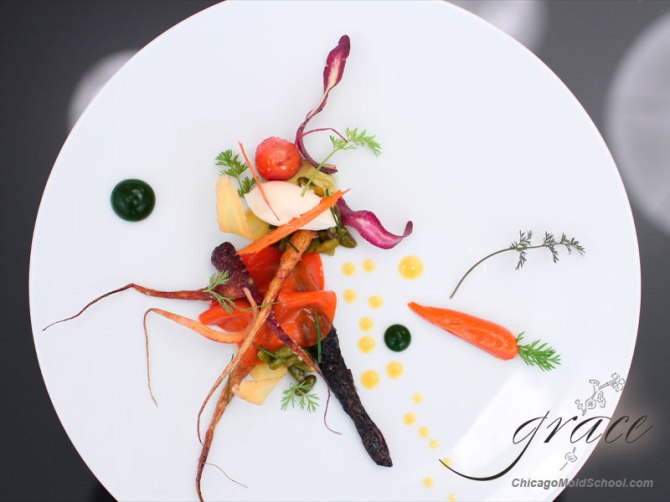 Duffy’s perfect winter dish consisted of roasted multi-colored baby carrots, candied Thumbelina carrots, carrot puree, veil of carrot gel, carrot chip, braised Iranian pistachios, pureed Iranian pistachios, fried Iranian pistachios, whipped mascarpone cheese, passion fruit vinaigrette, carrot top puree, carrot tops, and chives. Photo courtesy of Chicago School of Mold Making