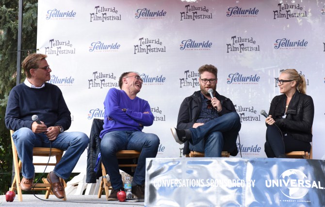 Writer Aaron Sorkin, director Danny Boyle, Seth Rogen and Kate Winslet discuss Steve Jobs ((Photo: Vivien Killilea, gettyimages)
