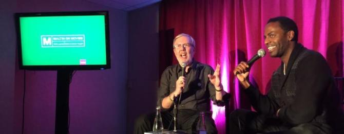 Leonard Maltin and Baron Vaughn record a podcast.