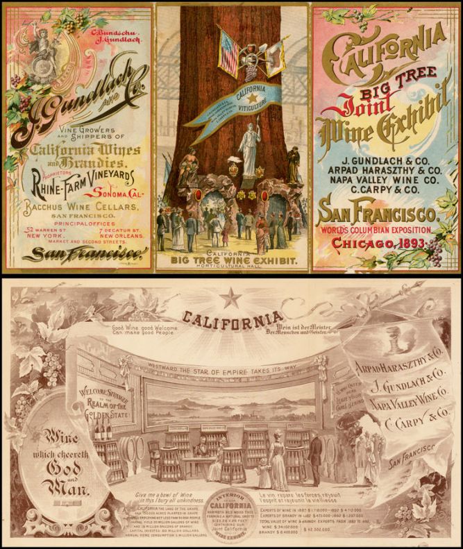 In 1893, in one of many attempts to elevate the reputation of California wine, four wine merchants created the “Big Tree Wine” exhibit for the Chicago Columbia Exposition. A statue of “Viticulture,” along with one of a Franciscan friar and an Indian woman holding a basket of grapes, stood in front of a forty-foot-tall, hollow replica of a redwood tree. Inside fair revelers could marvel at the displays of wine. But fair management corruption made it difficult to actually drink the California wine.