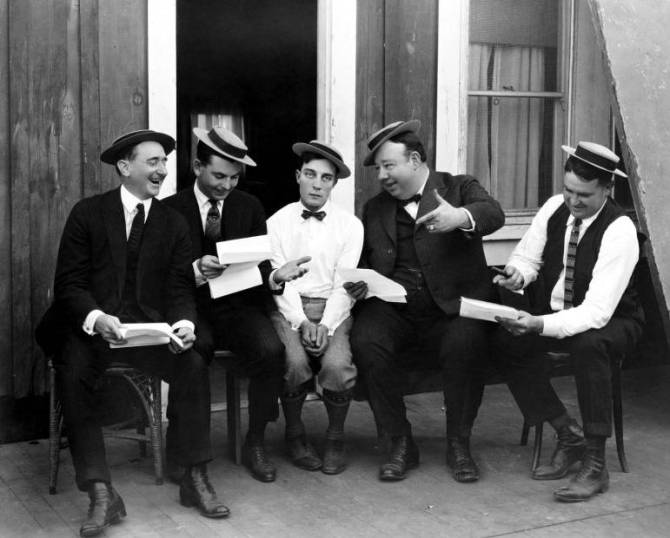 Buster Keaton and his gag men: Joe Mitchell, Clyde Bruckman, Keaton, Jean Havez, and Eddie Cline.