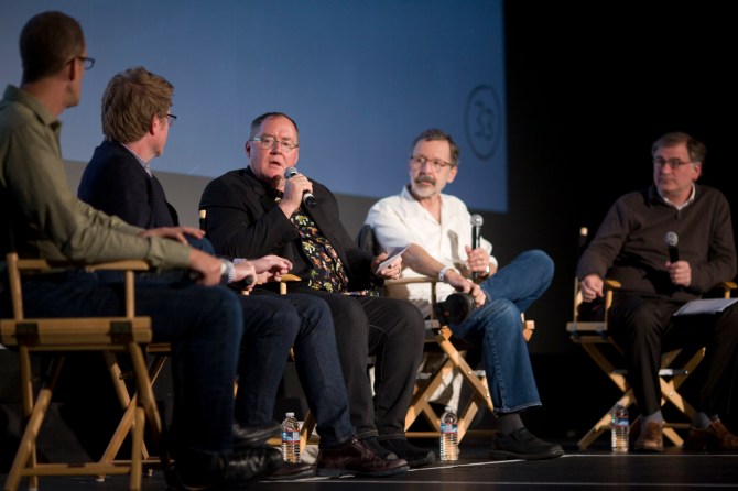(left to right) Pete Docter, Andrew Stanton, John Lasseter, Ed Catmull and moderator Noah Cowan. Photo by Pamela Gentile / SFFS.