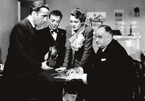 Sam Spade (Humphrey Bogart), Joel Cairo (Peter Lorre), Bridgit Shaughnessy (Mary Astor), and Caspar Gutman (Sidney Greenstreet) and the stuff dreams are made of.