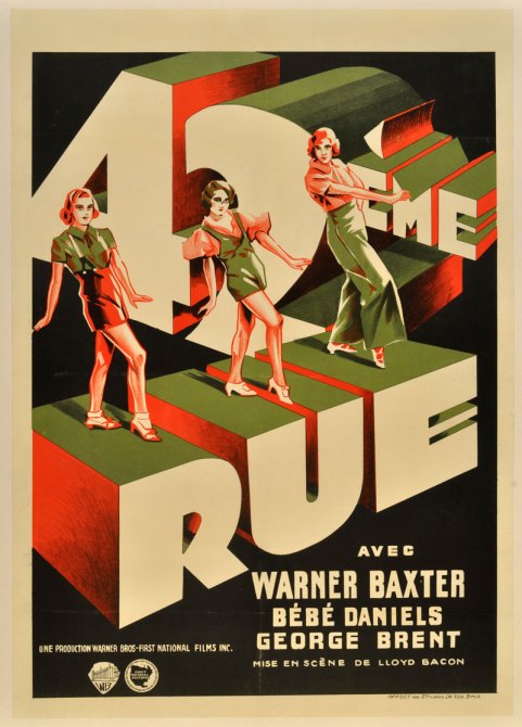 “The sharp, spunky granddaddy of all backstage musicals... [Busby Berkeley’s] choreography takes center stage in this stunning Belgian poster, showcasing his dancers atop and within the three-dimensional title treatment. An art deco knockout,” writes Mike Kaplan.